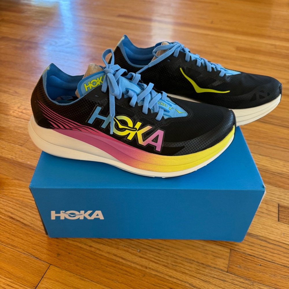 Hoka Rocket X2 | Black-Multi Rainbow | Size 9.5W/8.5M (unisex sizing)